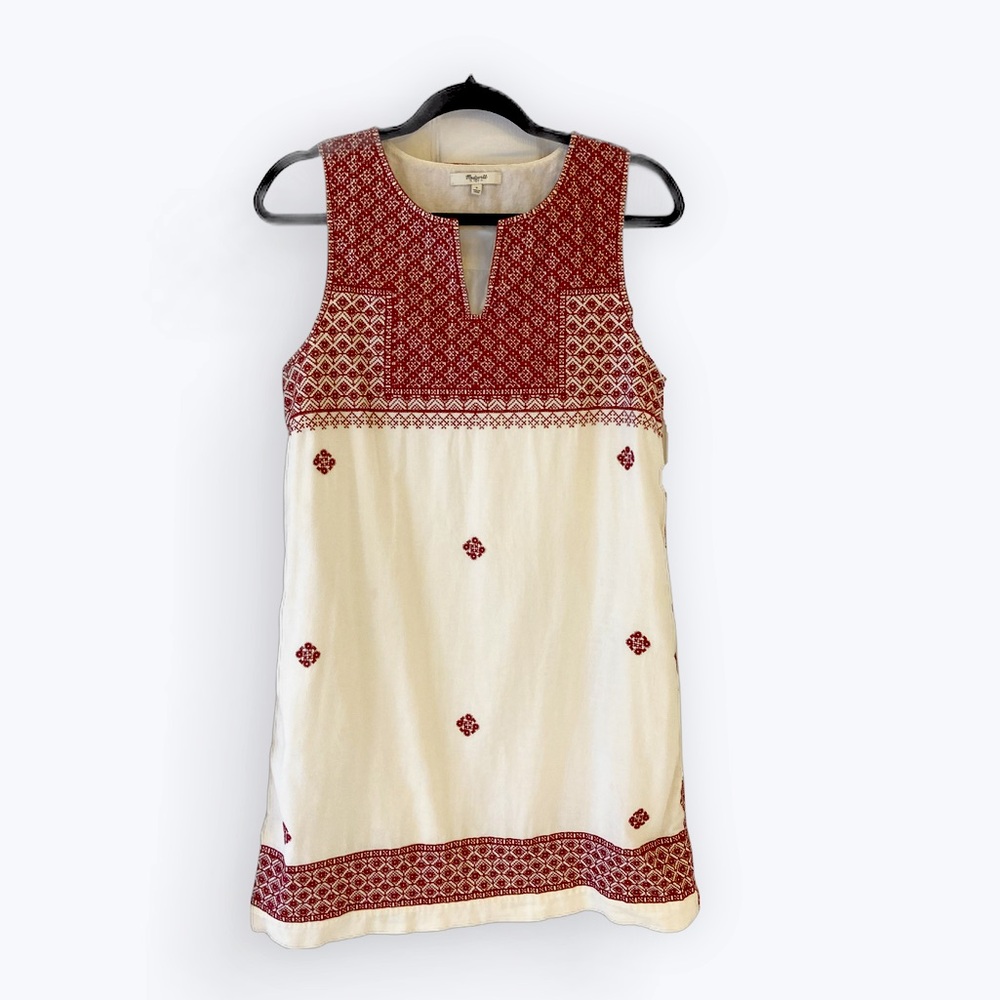 Madewell Cream Mini Dress with Red Embroidery
